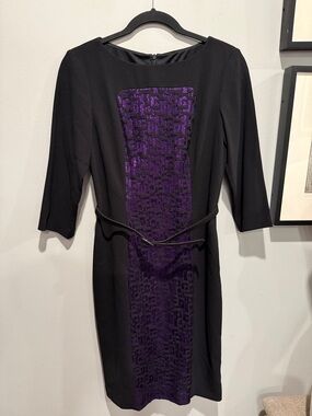 David Meister Black Belted Sheath Dress with Purple Lace Front Panel, Size 4